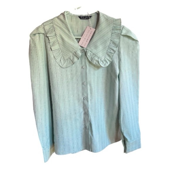 Tops - NWT Mint Green Pinstripe Peter Pan Ruffled Collar Blouse Pleated Long Sleeves S